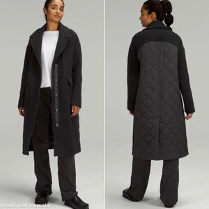 Lululemon Wool Long Blend Coat Quilted‎ Back Zipper Pockets PrimaLoft Black sz6